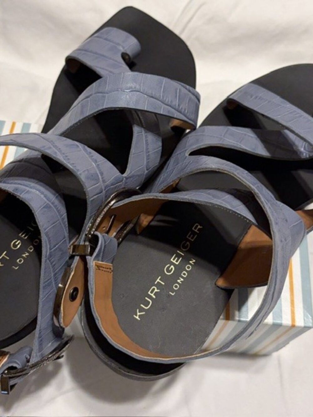 New Kurt Geiger London Mia Blue Croc Leather Sandals